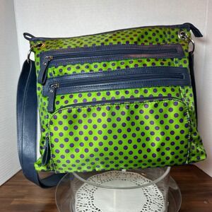 Green Purple Polka Dot Nylon Multi Pocket Crossbody Messenger Bag Navy Blue Trim